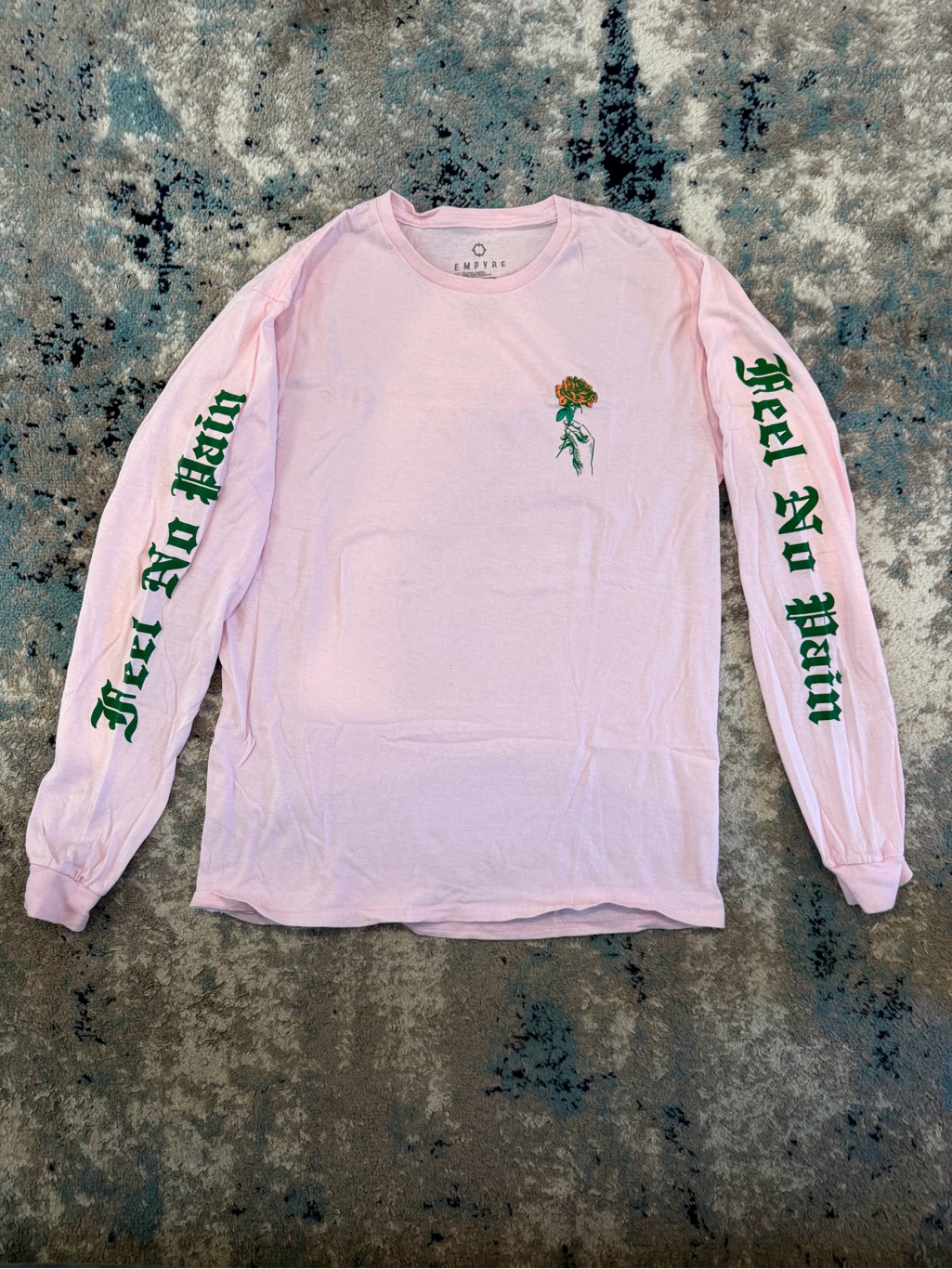 Menâs Empyre Pink Long Sleeve Tee With Green Script Sleeves & Floral Chest - M